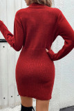 Red Cable Zipper Design Knitting Sweater Dress 