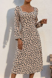 Square Neck Leopard Puff Sleeves Dress 