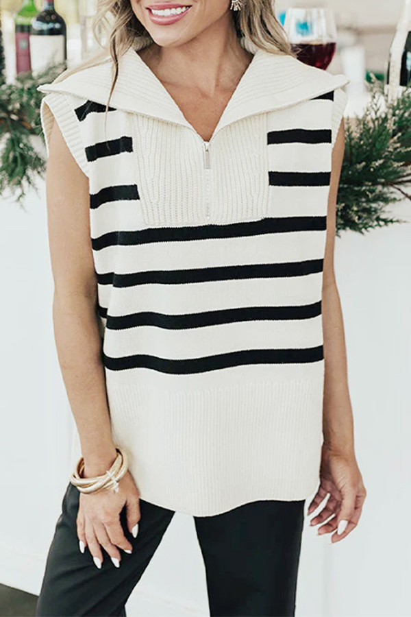 Zipper Collar Stripes Knitting Vest 