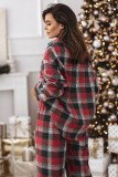Red Christmas Checkered Pattern Loose Shirt and Pants Lounge Set