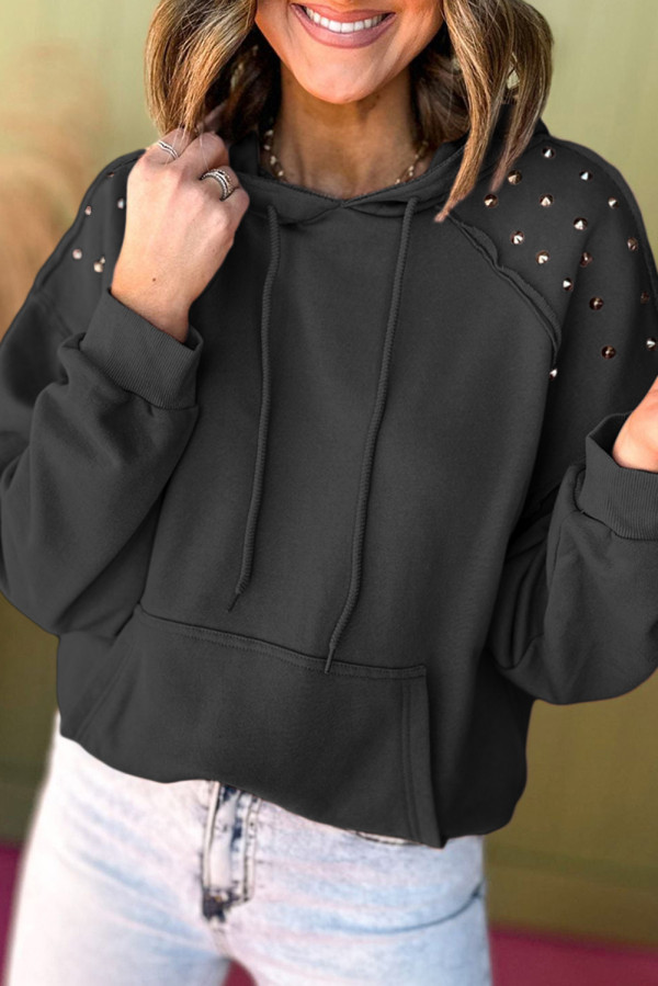 Black Solid Color Rivet Stud Raglan Sleeve Hoodie with Pocket