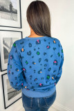 Sky Blue Leopard Ribbed Edge Drop Shoulder Pullover Sweatshirt