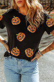 Black Sequin Pumpkin Face Halloween T Shirt