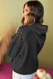 Black Solid Color Rivet Stud Raglan Sleeve Hoodie with Pocket