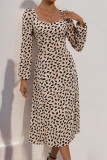 Square Neck Leopard Puff Sleeves Dress 