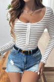 Stripes Long Sleeves U Neck One Piece Bodysuit 