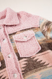 Pink Western Aztec Print Sherpa Splicing Buttoned Flap Pocket Coat