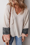 Beige Floral Patchwork Textured Knit Drawstring V Neck Blouse