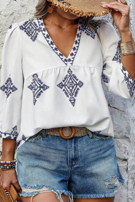 White Boho Geometric Print V Neck Bracelet Sleeve Plus Size Blouse