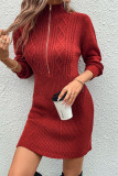 Red Cable Zipper Design Knitting Sweater Dress 