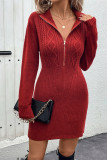 Red Cable Zipper Design Knitting Sweater Dress 