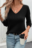 Black V Neck Ribbed Knitting Sweater 