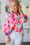 Multicolour Abstract Printed Lantern Sleeve Frilled Button Front Collared Shirt