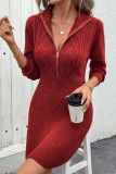 Red Cable Zipper Design Knitting Sweater Dress 