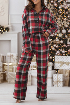 Red Christmas Checkered Pattern Loose Shirt and Pants Lounge Set