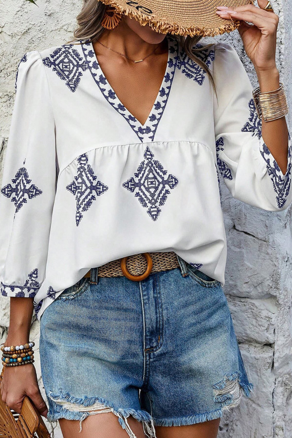 White Boho Geometric Print Bracelet Sleeve V Neck Blouse