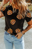 Black Sequin Pumpkin Face Halloween T Shirt