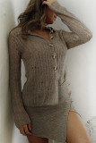 Khaki Ripped Button Front Open Cardigan 