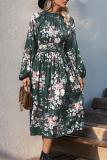 Green Floral Puff SLeeves Dress 