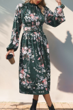 Green Floral Puff SLeeves Dress 