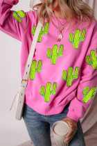 Bonbon Sequined Cactus Pattern Crewneck Pullover Sweatshirt