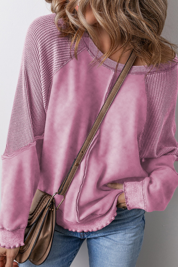 Pink Solid Waffle Knit Patchwork Raglan Sleeve Sweatshirt