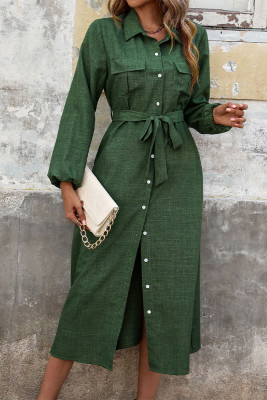 Green Tie Waist Button Up Shirt Dress 