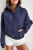 Navy Blue Fleece Lined Zip Up Stand Collar Thumbhole Sleeve Sweatshirt