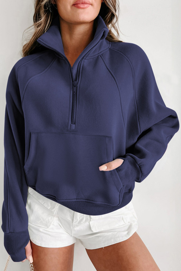 Navy Blue Fleece Lined Zip Up Stand Collar Thumbhole Sleeve Sweatshirt