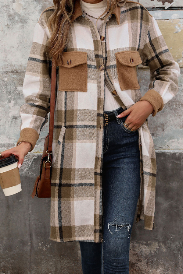 Khaki Plaid Pockets Shaket 