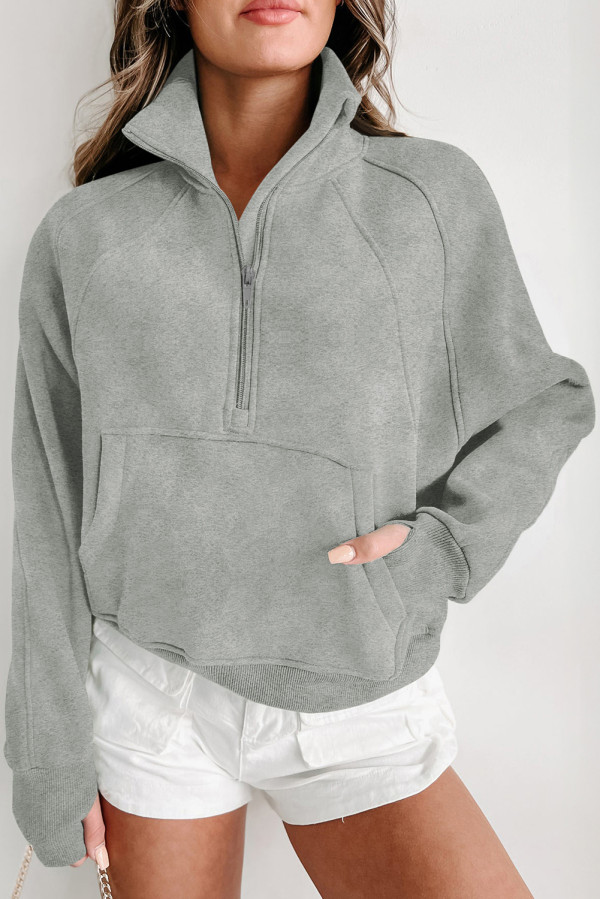 Light Grey Quarter Zip Stand Neck Kangaroo Pocket Sweatshirt