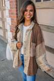 Khaki Houndstooth Color Contrast Textured Patchwork Loose Shacket