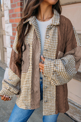 Khaki Houndstooth Color Contrast Textured Patchwork Loose Shacket