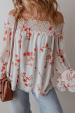 White Floral Print Shirred Off Shoulder Ruffled Sleeve Blouse