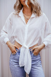 White Solid Knotted Front Loose Fit Sheer Shirt