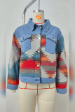 Aztec Design Washed Denim Jacket with Pockets 