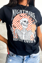 Black Nightmare Before Coffee Skull Checkerboard Graphic Halloween Tee