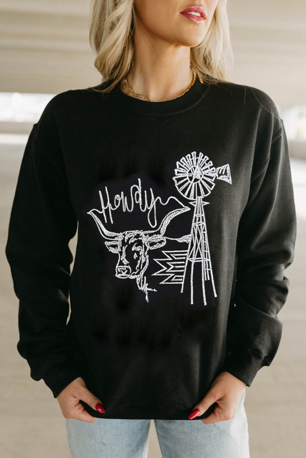 Black Embroidered Howdy Cow Western Graphic Crew Neck Sweatshirt