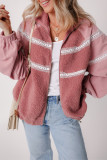 Rose Pink Sherpa Patchwork Lace Elastic Cuff Zip Up Jacket