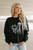 Black Embroidered Howdy Cow Western Graphic Crew Neck Sweatshirt