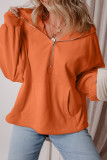 Orange Fleece Lined Half Zipper Kangaroo Pockets Loose Hoodie