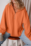 Orange Fleece Lined Half Zipper Kangaroo Pockets Loose Hoodie