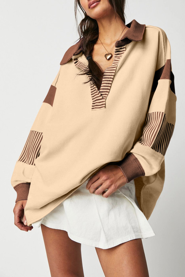 Light French Beige Striped Colorblock Patchwork Collar Sweatshirt