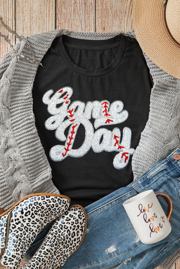 Black Sequin Game Day Graphic Crew Neck Tee