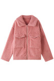 Pink Zipper Design Pockets Fleece Coat 