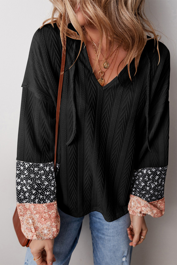 Black Floral Patchwork Textured Knit Drawstring V Neck Blouse