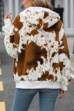 Hooded Cow Print Zipper Coat 