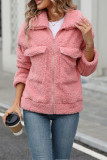 Pink Zipper Design Pockets Fleece Coat 