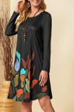 Black Ruffle Printed Long Sleeves Dress 