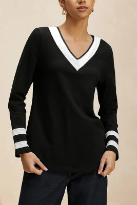 Black V Neck Colorblock Splicing Top 